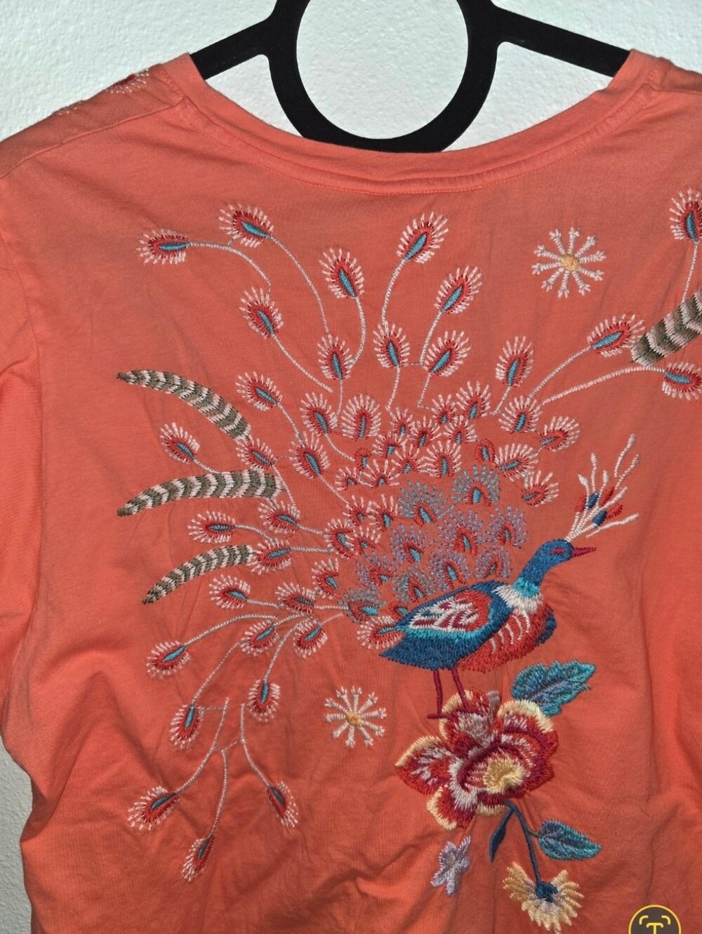 Johnny Was XL Short Sleeve Tops Tunic Coral With Embroidered Peacock NWT - Picture 8 of 9